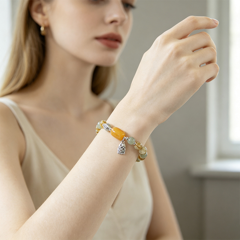 Women Natural Rutilated Quartz Stretch Beaded Bracelet, Handmade Elastic Crystal Bracelet with Multi‑Tone Accent Beads and Silver‑Plated Fish Charm, Fashion Gemstone Jewelry Gift