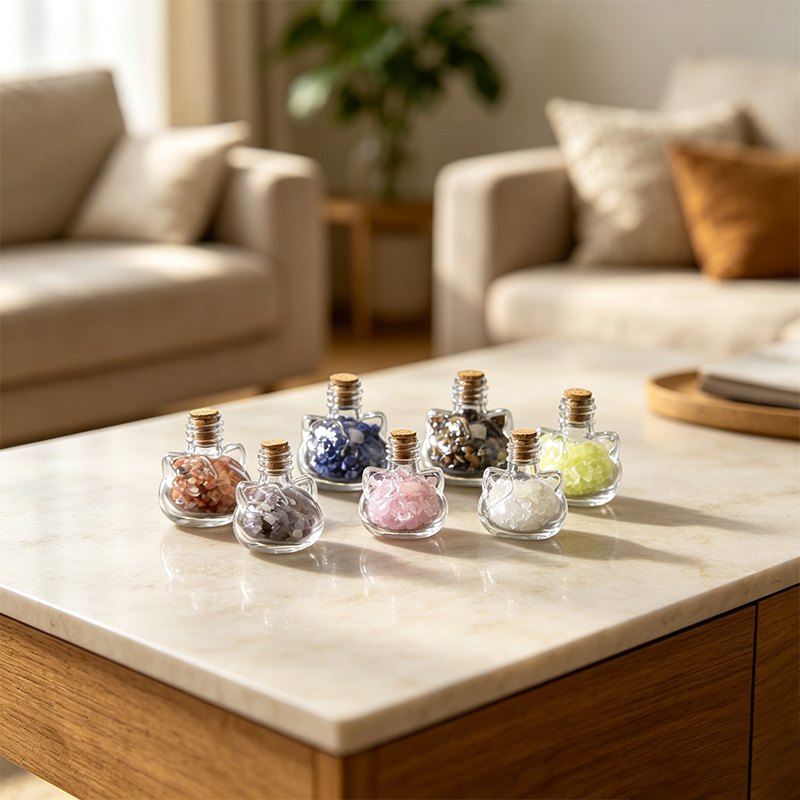 7‑Pack Cat‑Shape Mini Glass Bottles with Assorted Natural Crystal Chips, Cork Stopper Gemstone Tumbled Chip Jars, Spiritual Desktop Decor Ornament, Crystal Collectible Gift Set