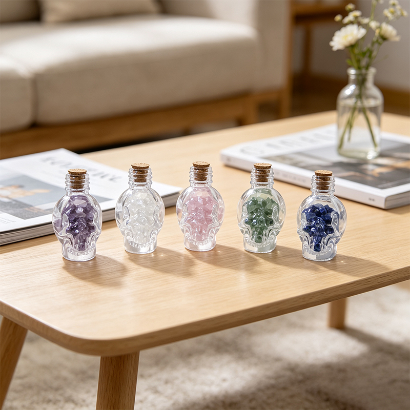 5‑Pack Skull‑Design Gemstone Figurine Ornament, Pre‑Filled Mini Glass Bottle with Assorted Natural Crystal Chips, Cork Stopper, Spiritual Desktop Shelf Collectible Gift Set