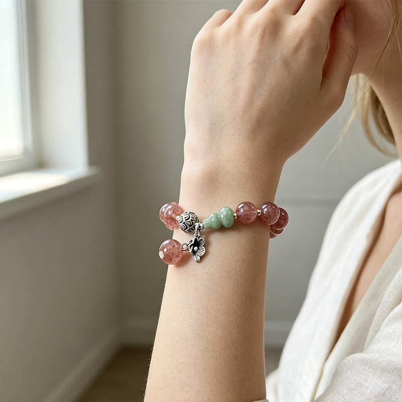 Natural Strawberry Quartz Beaded Stretch Bracelet for Women, Handcrafted Crystal Bracelet with Green Gourd‑Shaped Accent Bead , Jewelry Gift for Her