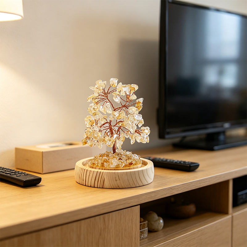 Handmade Citrine Crystal Tree in Glass Dome, Natural Gemstone Bonsai Tree with Wood Base, Reiki Spiritual Crystal Decor for Desk Shelf, Unique Gift