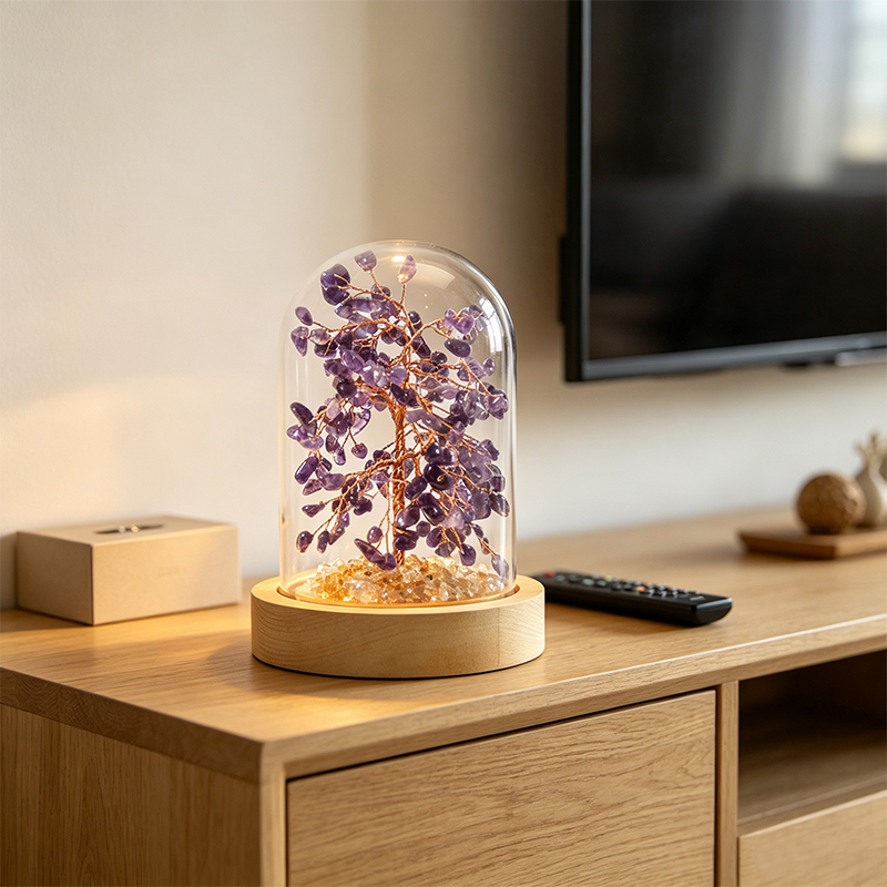 Hand‑Made Amethyst Crystal Tree in Glass Dome with Wooden Base, Natural Chip Gemstone Tree Figurine, Mini Home Desk Shelf Decor Ornament, Ideal Gift for Crystal Lovers