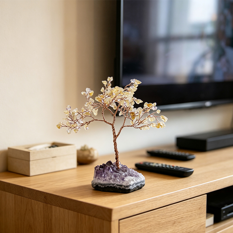 Hand‑Made Citrine Chip Gemstone Tree with Natural Amethyst Cluster Base, Copper Wire Crystal Tree Figurine, Mini Home Desk Decor Ornament, Gift for Crystal Lovers