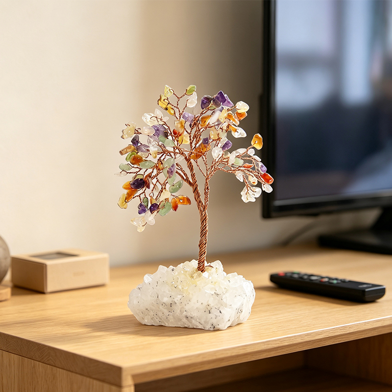 Hand‑Mixed Natural Gemstone Chip Tree with Raw Clear Quartz Cluster Base, Copper Wire Handcrafted Crystal Tree Figurine, Tabletop Home Decor Ornament, Gift for Crystal Lovers