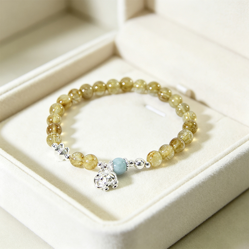 Natural Rutilated Quartz Beaded Stretch Bracelet for Women, Handcrafted Crystal Bracelet with Silver‑Plated Accessories, Jewelry Gift for Her