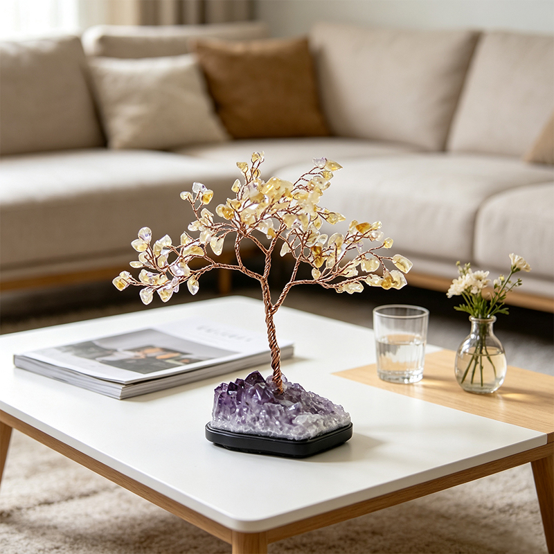 Hand‑Made Citrine Chip Gemstone Tree with Natural Amethyst Cluster Base, Copper Wire Crystal Tree Figurine, Mini Home Desk Decor Ornament, Gift for Crystal Lovers