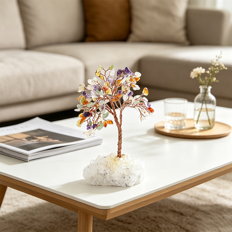 Hand‑Mixed Natural Gemstone Chip Tree with Raw Clear Quartz Cluster Base, Copper Wire Handcrafted Crystal Tree Figurine, Tabletop Home Decor Ornament, Gift for Crystal Lovers