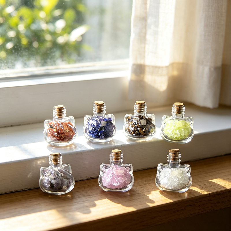 7‑Pack Cat‑Shape Mini Glass Bottles with Assorted Natural Crystal Chips, Cork Stopper Gemstone Tumbled Chip Jars, Spiritual Desktop Decor Ornament, Crystal Collectible Gift Set