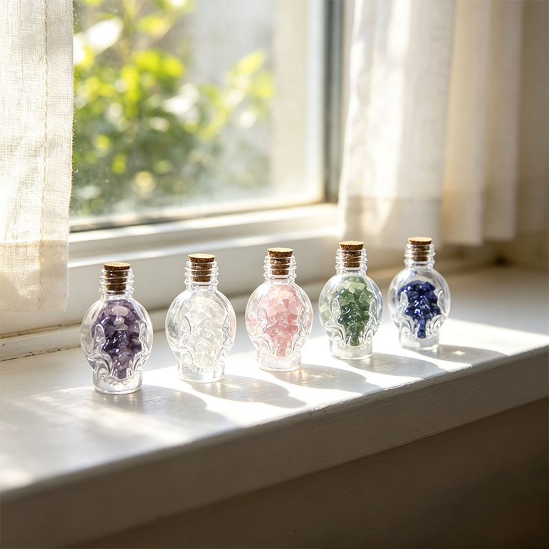 5‑Pack Skull‑Design Gemstone Figurine Ornament, Pre‑Filled Mini Glass Bottle with Assorted Natural Crystal Chips, Cork Stopper, Spiritual Desktop Shelf Collectible Gift Set