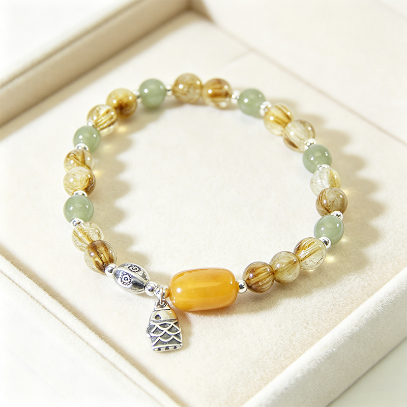 Women Natural Rutilated Quartz Stretch Beaded Bracelet, Handmade Elastic Crystal Bracelet with Multi‑Tone Accent Beads and Silver‑Plated Fish Charm, Fashion Gemstone Jewelry Gift