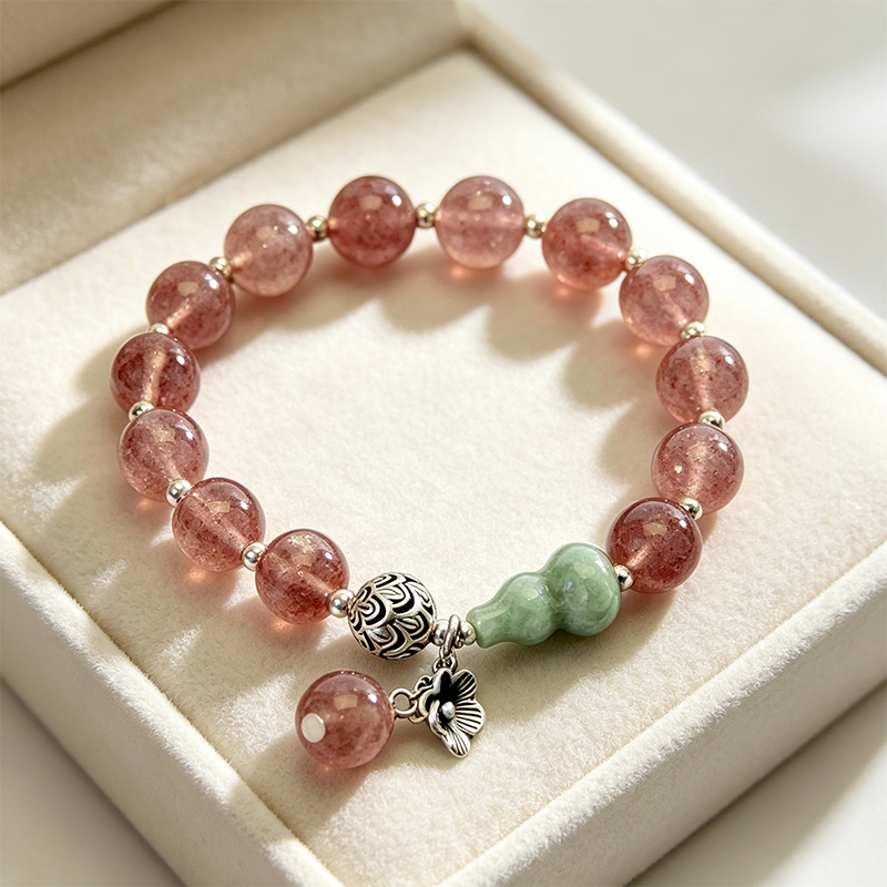 Natural Strawberry Quartz Beaded Stretch Bracelet for Women, Handcrafted Crystal Bracelet with Green Gourd‑Shaped Accent Bead , Jewelry Gift for Her