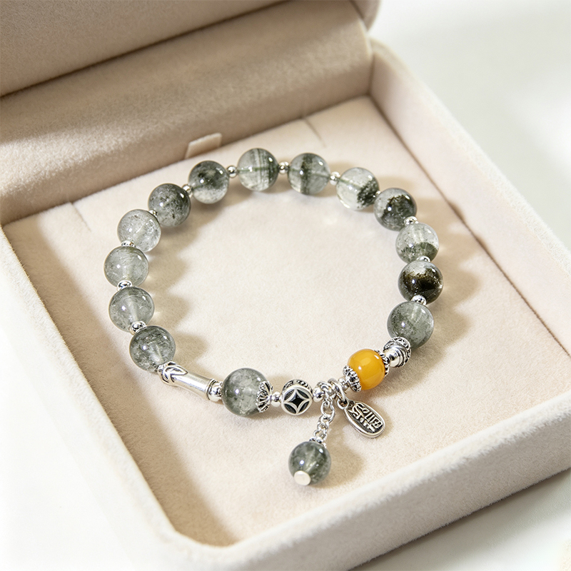 Natural Green Phantom Quartz Beaded Stretch Bracelet for Women, Handcrafted Crystal Bracelet with Yellow Accent Bead & Silver‑Plated Charms, Jewelry Gift for Her