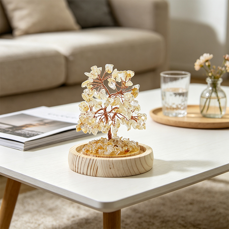 Handmade Citrine Crystal Tree in Glass Dome, Natural Gemstone Bonsai Tree with Wood Base, Reiki Spiritual Crystal Decor for Desk Shelf, Unique Gift