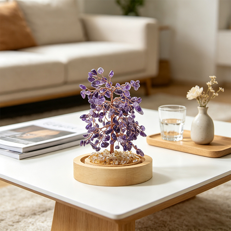 Hand‑Made Amethyst Crystal Tree in Glass Dome with Wooden Base, Natural Chip Gemstone Tree Figurine, Mini Home Desk Shelf Decor Ornament, Ideal Gift for Crystal Lovers