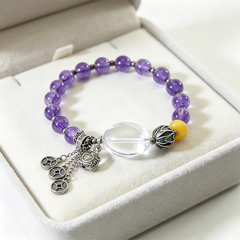 Natural Amethyst Crystal Bracelet for Women – Genuine Purple Stone Beaded Stretch Bracelet with Silver-Tone Metal Charms, Clear Oval Crystal and Amber-Colored Accent Bead – Handmade Gemstone Jewelry Gift for Her