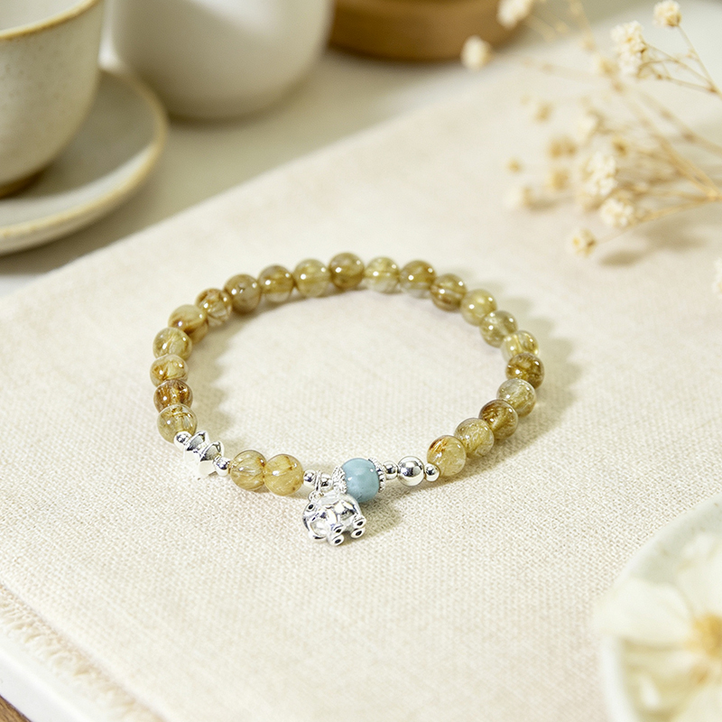 Natural Rutilated Quartz Beaded Stretch Bracelet for Women, Handcrafted Crystal Bracelet with Silver‑Plated Accessories, Jewelry Gift for Her