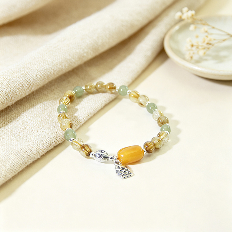 Women Natural Rutilated Quartz Stretch Beaded Bracelet, Handmade Elastic Crystal Bracelet with Multi‑Tone Accent Beads and Silver‑Plated Fish Charm, Fashion Gemstone Jewelry Gift