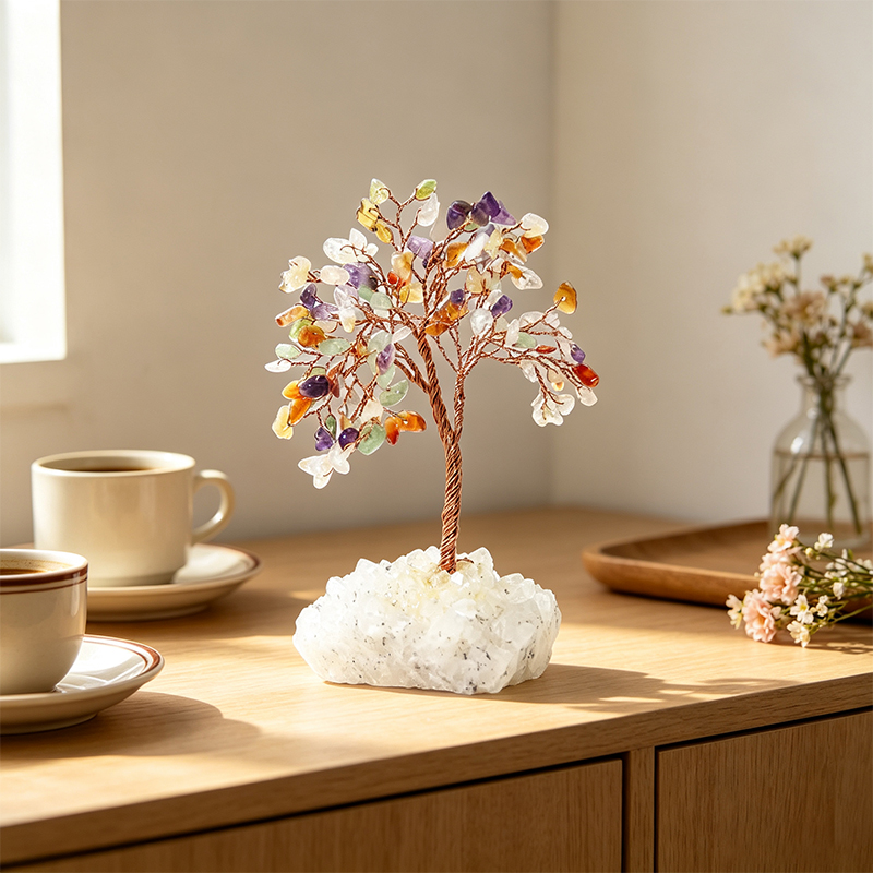 Hand‑Mixed Natural Gemstone Chip Tree with Raw Clear Quartz Cluster Base, Copper Wire Handcrafted Crystal Tree Figurine, Tabletop Home Decor Ornament, Gift for Crystal Lovers