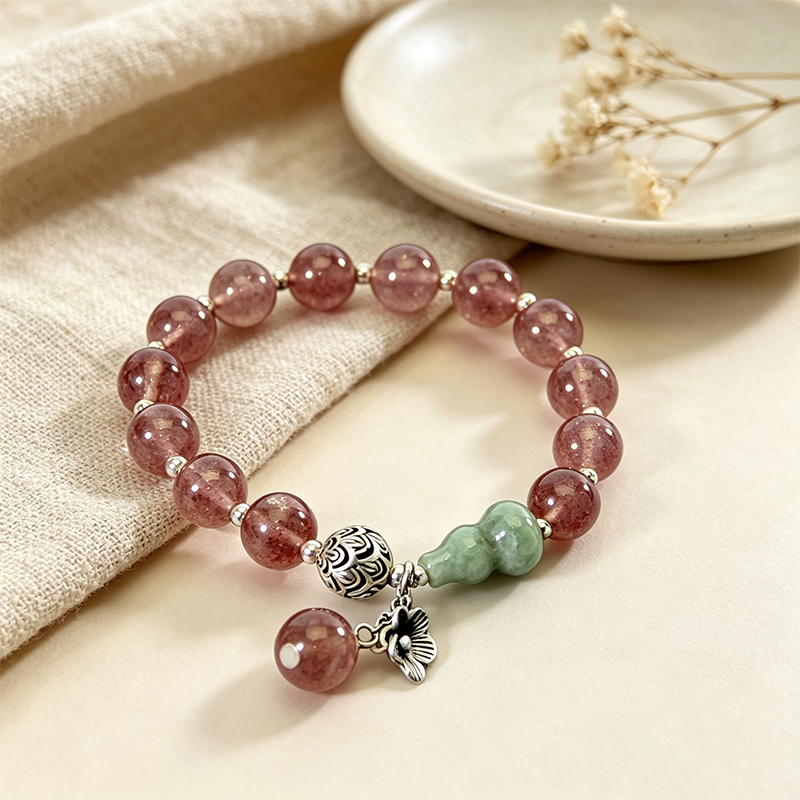 Natural Strawberry Quartz Beaded Stretch Bracelet for Women, Handcrafted Crystal Bracelet with Green Gourd‑Shaped Accent Bead , Jewelry Gift for Her