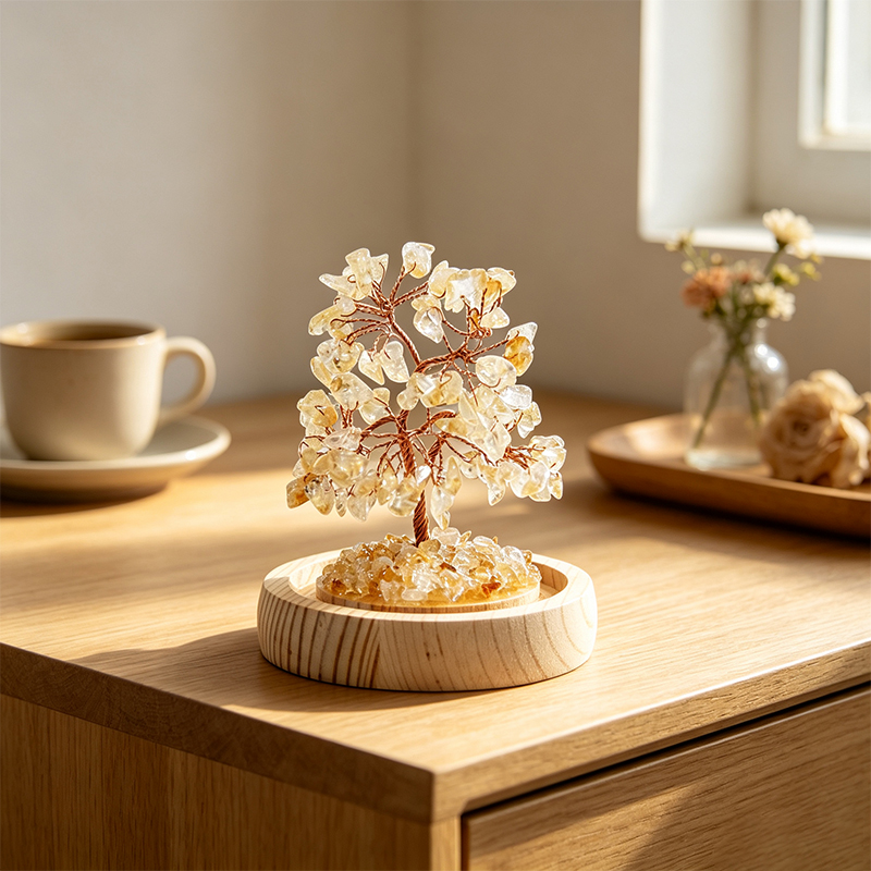 Handmade Citrine Crystal Tree in Glass Dome, Natural Gemstone Bonsai Tree with Wood Base, Reiki Spiritual Crystal Decor for Desk Shelf, Unique Gift