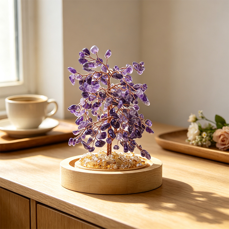 Hand‑Made Amethyst Crystal Tree in Glass Dome with Wooden Base, Natural Chip Gemstone Tree Figurine, Mini Home Desk Shelf Decor Ornament, Ideal Gift for Crystal Lovers