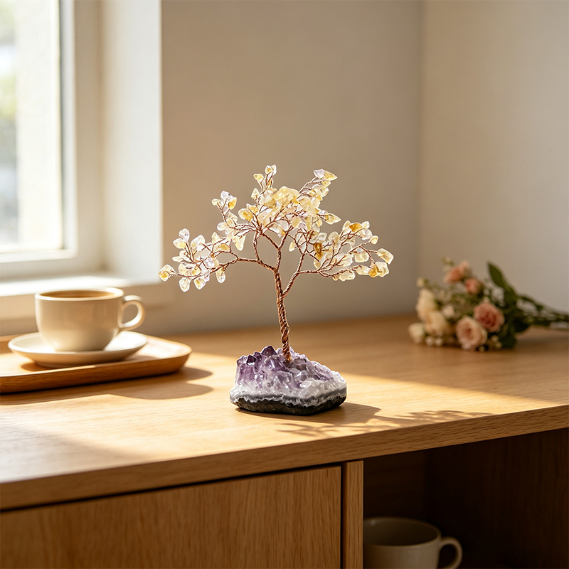 Hand‑Made Citrine Chip Gemstone Tree with Natural Amethyst Cluster Base, Copper Wire Crystal Tree Figurine, Mini Home Desk Decor Ornament, Gift for Crystal Lovers