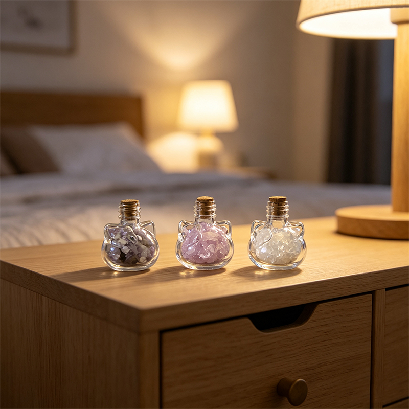 7‑Pack Cat‑Shape Mini Glass Bottles with Assorted Natural Crystal Chips, Cork Stopper Gemstone Tumbled Chip Jars, Spiritual Desktop Decor Ornament, Crystal Collectible Gift Set
