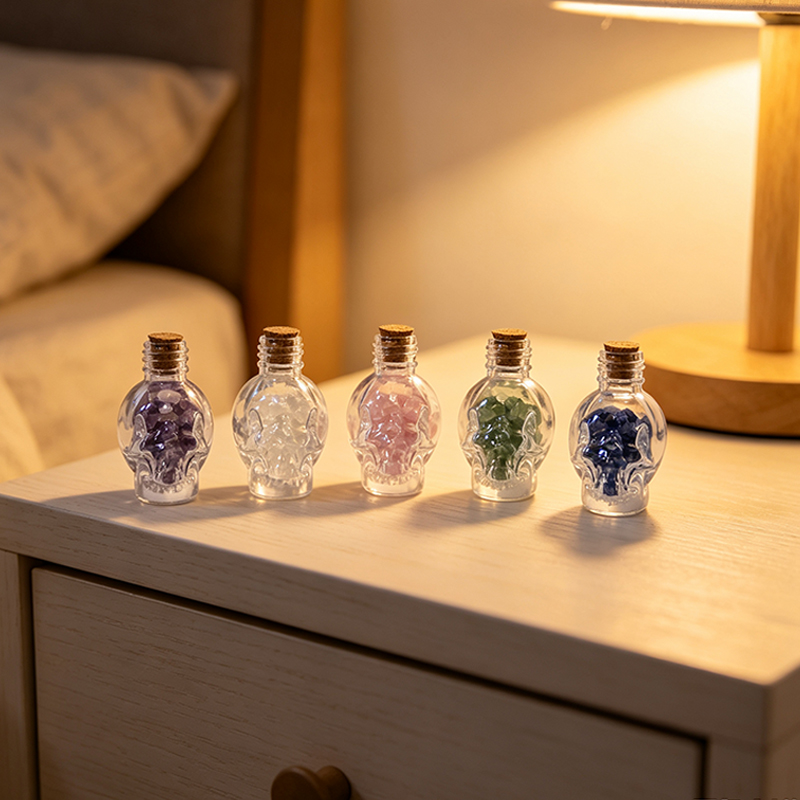 5‑Pack Skull‑Design Gemstone Figurine Ornament, Pre‑Filled Mini Glass Bottle with Assorted Natural Crystal Chips, Cork Stopper, Spiritual Desktop Shelf Collectible Gift Set