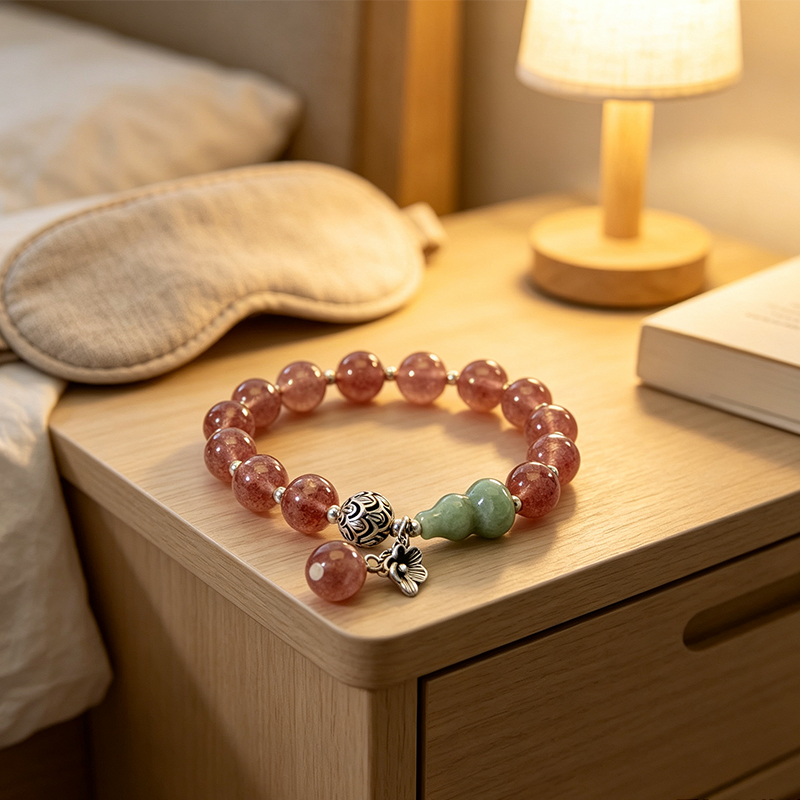 Natural Strawberry Quartz Beaded Stretch Bracelet for Women, Handcrafted Crystal Bracelet with Green Gourd‑Shaped Accent Bead , Jewelry Gift for Her