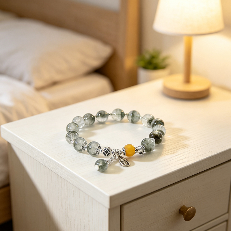 Natural Green Phantom Quartz Beaded Stretch Bracelet for Women, Handcrafted Crystal Bracelet with Yellow Accent Bead & Silver‑Plated Charms, Jewelry Gift for Her