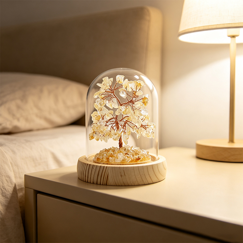 Handmade Citrine Crystal Tree in Glass Dome, Natural Gemstone Bonsai Tree with Wood Base, Reiki Spiritual Crystal Decor for Desk Shelf, Unique Gift