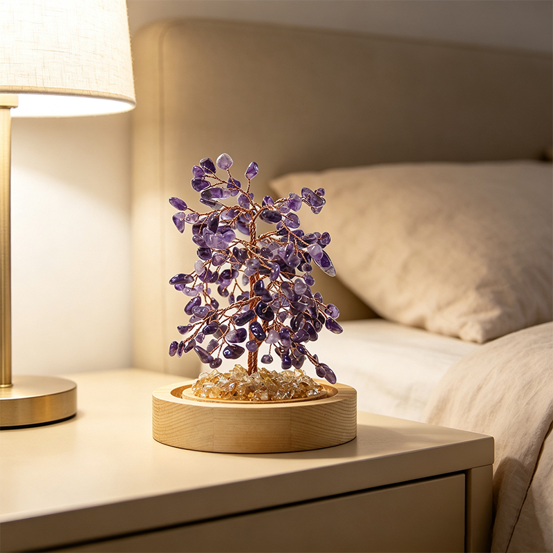 Hand‑Made Amethyst Crystal Tree in Glass Dome with Wooden Base, Natural Chip Gemstone Tree Figurine, Mini Home Desk Shelf Decor Ornament, Ideal Gift for Crystal Lovers