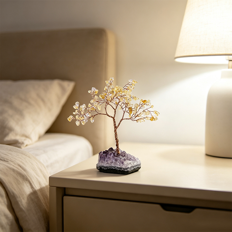 Hand‑Made Citrine Chip Gemstone Tree with Natural Amethyst Cluster Base, Copper Wire Crystal Tree Figurine, Mini Home Desk Decor Ornament, Gift for Crystal Lovers