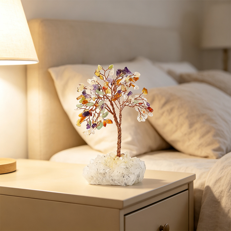 Hand‑Mixed Natural Gemstone Chip Tree with Raw Clear Quartz Cluster Base, Copper Wire Handcrafted Crystal Tree Figurine, Tabletop Home Decor Ornament, Gift for Crystal Lovers