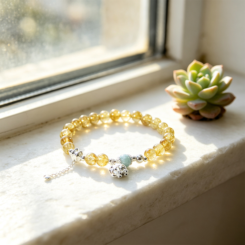 Natural Rutilated Quartz Beaded Stretch Bracelet for Women, Handcrafted Crystal Bracelet with Silver‑Plated Accessories, Jewelry Gift for Her