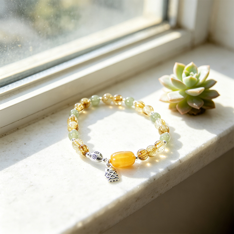 Women Natural Rutilated Quartz Stretch Beaded Bracelet, Handmade Elastic Crystal Bracelet with Multi‑Tone Accent Beads and Silver‑Plated Fish Charm, Fashion Gemstone Jewelry Gift