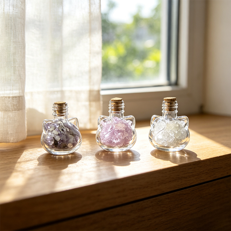 7‑Pack Cat‑Shape Mini Glass Bottles with Assorted Natural Crystal Chips, Cork Stopper Gemstone Tumbled Chip Jars, Spiritual Desktop Decor Ornament, Crystal Collectible Gift Set