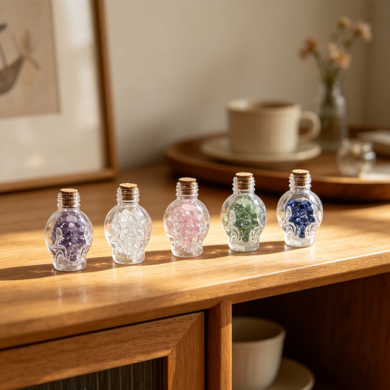 5‑Pack Skull‑Design Gemstone Figurine Ornament, Pre‑Filled Mini Glass Bottle with Assorted Natural Crystal Chips, Cork Stopper, Spiritual Desktop Shelf Collectible Gift Set