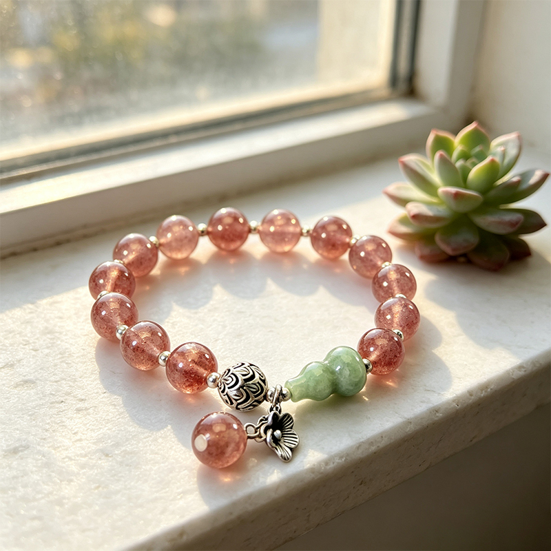 Natural Strawberry Quartz Beaded Stretch Bracelet for Women, Handcrafted Crystal Bracelet with Green Gourd‑Shaped Accent Bead , Jewelry Gift for Her