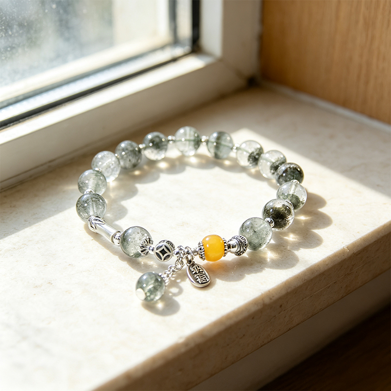 Natural Green Phantom Quartz Beaded Stretch Bracelet for Women, Handcrafted Crystal Bracelet with Yellow Accent Bead & Silver‑Plated Charms, Jewelry Gift for Her