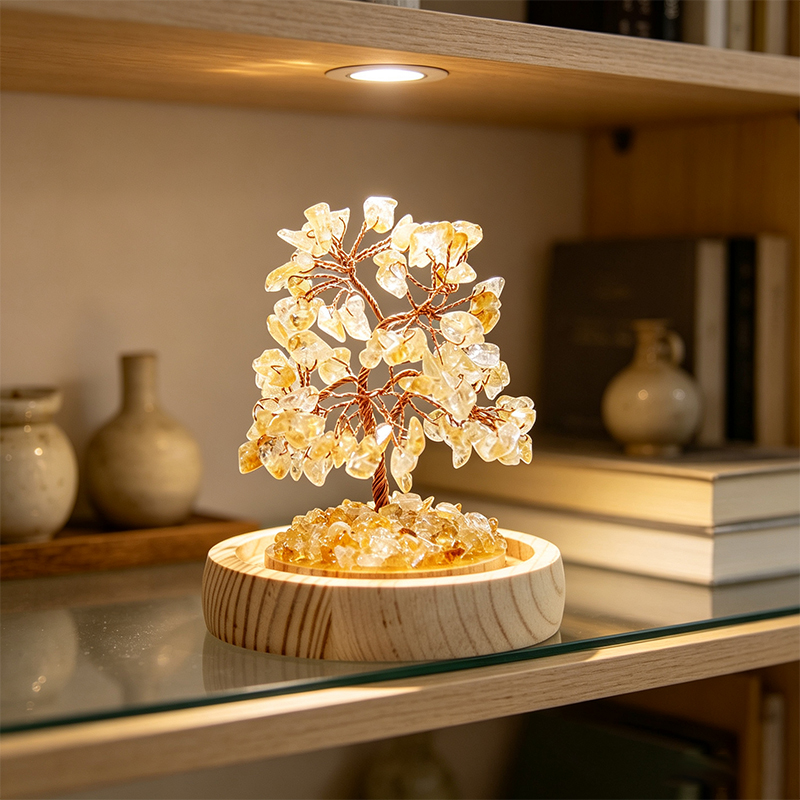 Handmade Citrine Crystal Tree in Glass Dome, Natural Gemstone Bonsai Tree with Wood Base, Reiki Spiritual Crystal Decor for Desk Shelf, Unique Gift