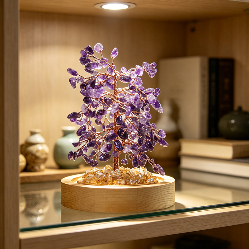Hand‑Made Amethyst Crystal Tree in Glass Dome with Wooden Base, Natural Chip Gemstone Tree Figurine, Mini Home Desk Shelf Decor Ornament, Ideal Gift for Crystal Lovers
