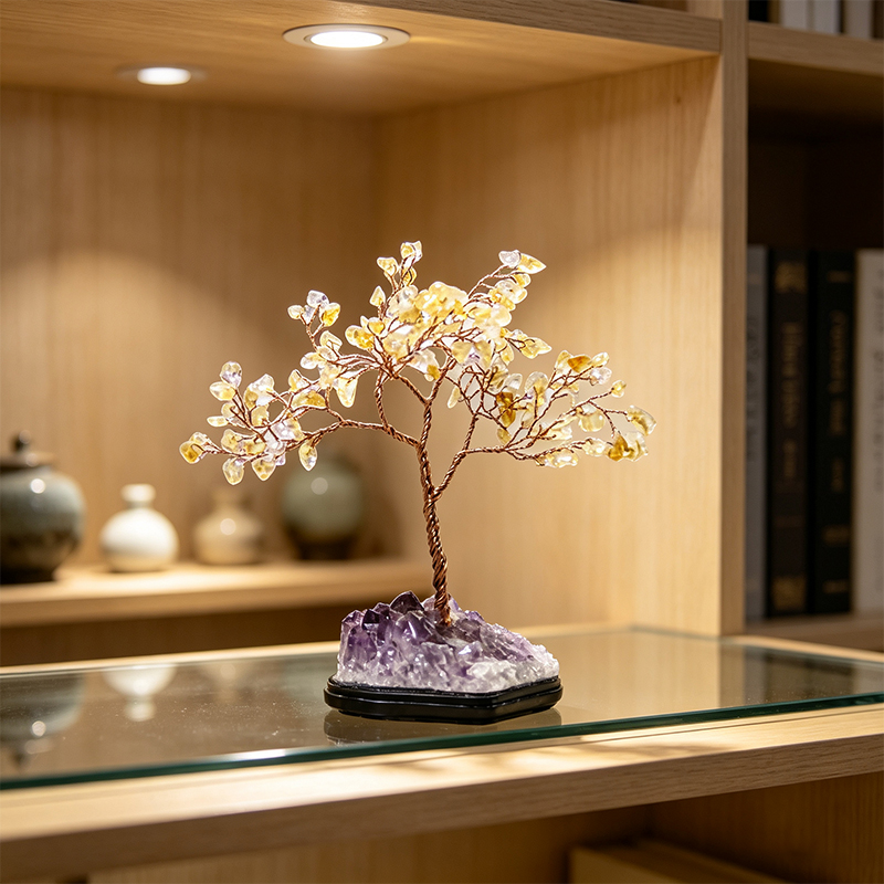 Hand‑Made Citrine Chip Gemstone Tree with Natural Amethyst Cluster Base, Copper Wire Crystal Tree Figurine, Mini Home Desk Decor Ornament, Gift for Crystal Lovers