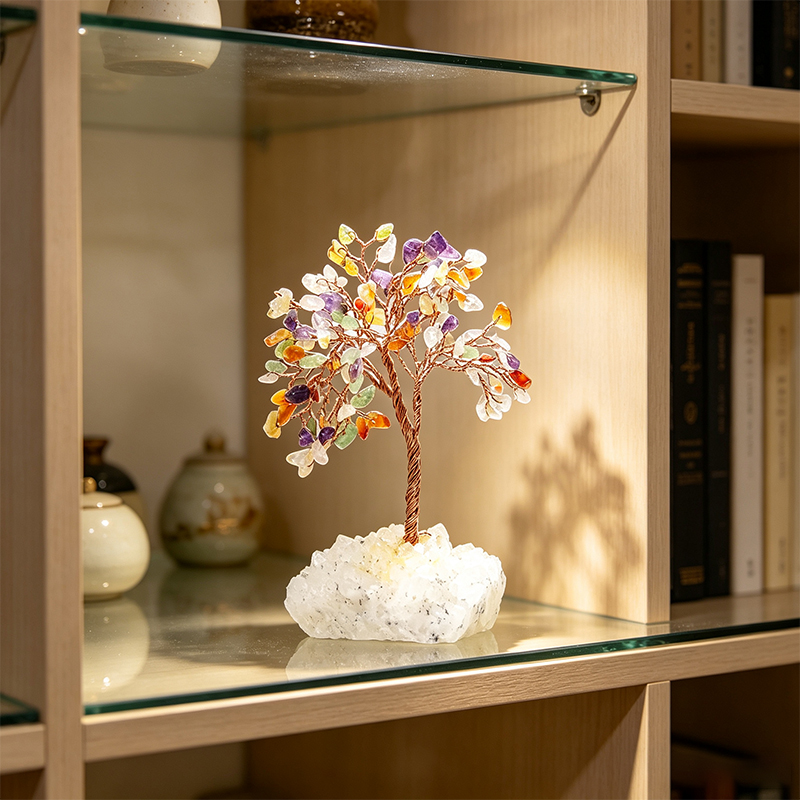 Hand‑Mixed Natural Gemstone Chip Tree with Raw Clear Quartz Cluster Base, Copper Wire Handcrafted Crystal Tree Figurine, Tabletop Home Decor Ornament, Gift for Crystal Lovers