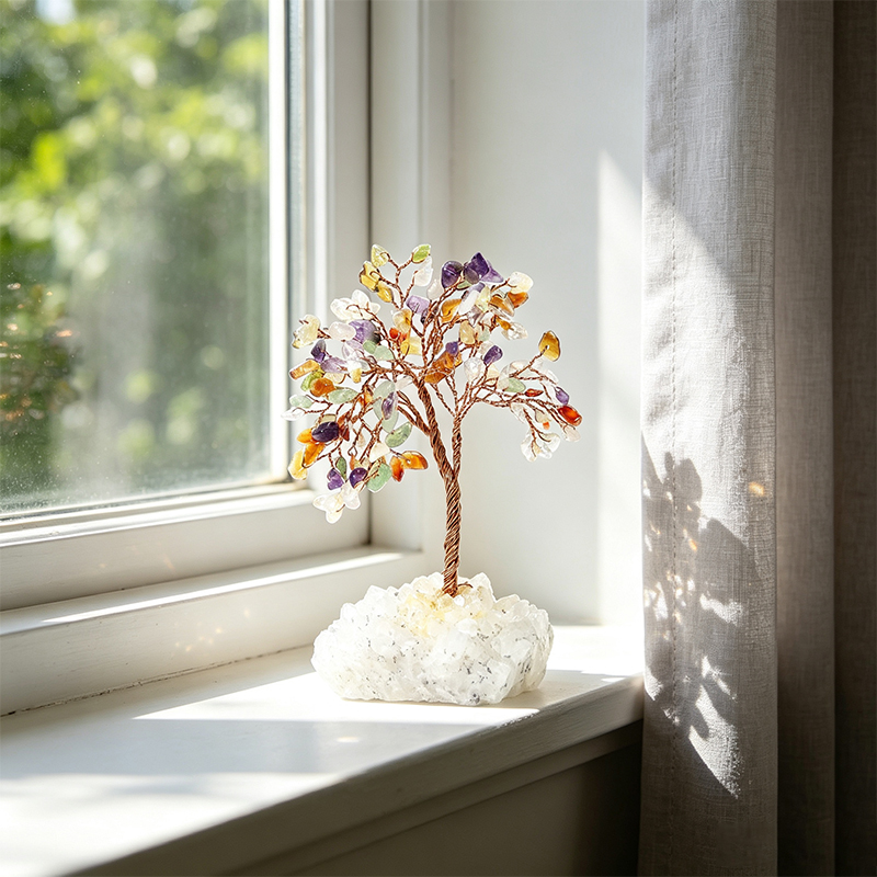 Hand‑Mixed Natural Gemstone Chip Tree with Raw Clear Quartz Cluster Base, Copper Wire Handcrafted Crystal Tree Figurine, Tabletop Home Decor Ornament, Gift for Crystal Lovers