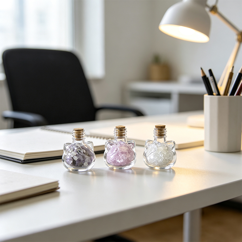 7‑Pack Cat‑Shape Mini Glass Bottles with Assorted Natural Crystal Chips, Cork Stopper Gemstone Tumbled Chip Jars, Spiritual Desktop Decor Ornament, Crystal Collectible Gift Set