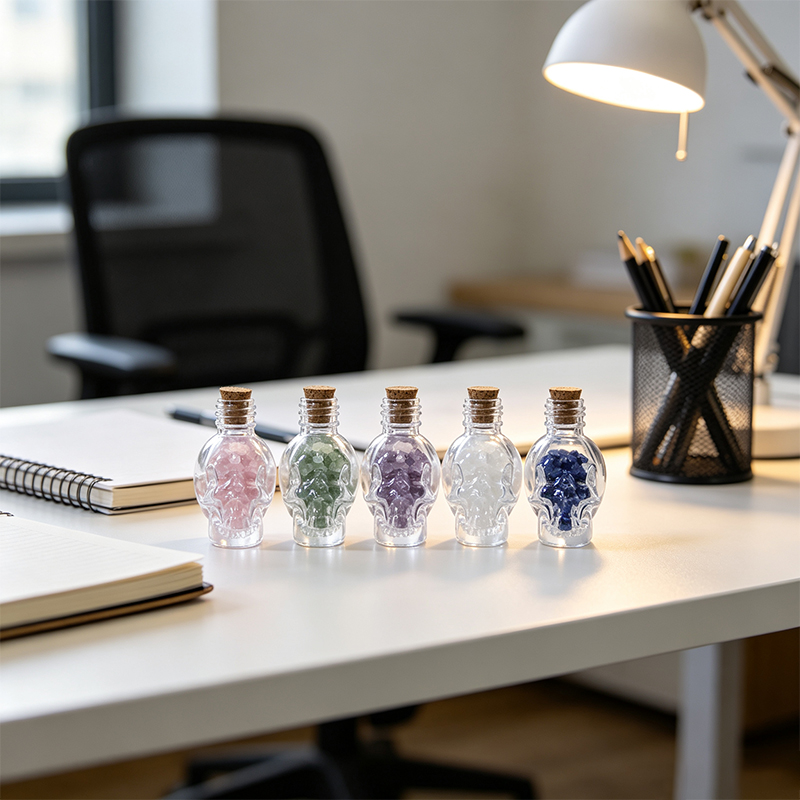 5‑Pack Skull‑Design Gemstone Figurine Ornament, Pre‑Filled Mini Glass Bottle with Assorted Natural Crystal Chips, Cork Stopper, Spiritual Desktop Shelf Collectible Gift Set