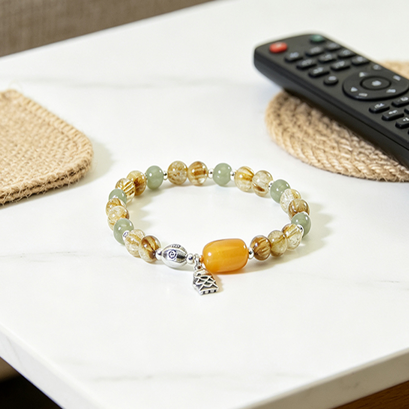 Women Natural Rutilated Quartz Stretch Beaded Bracelet, Handmade Elastic Crystal Bracelet with Multi‑Tone Accent Beads and Silver‑Plated Fish Charm, Fashion Gemstone Jewelry Gift