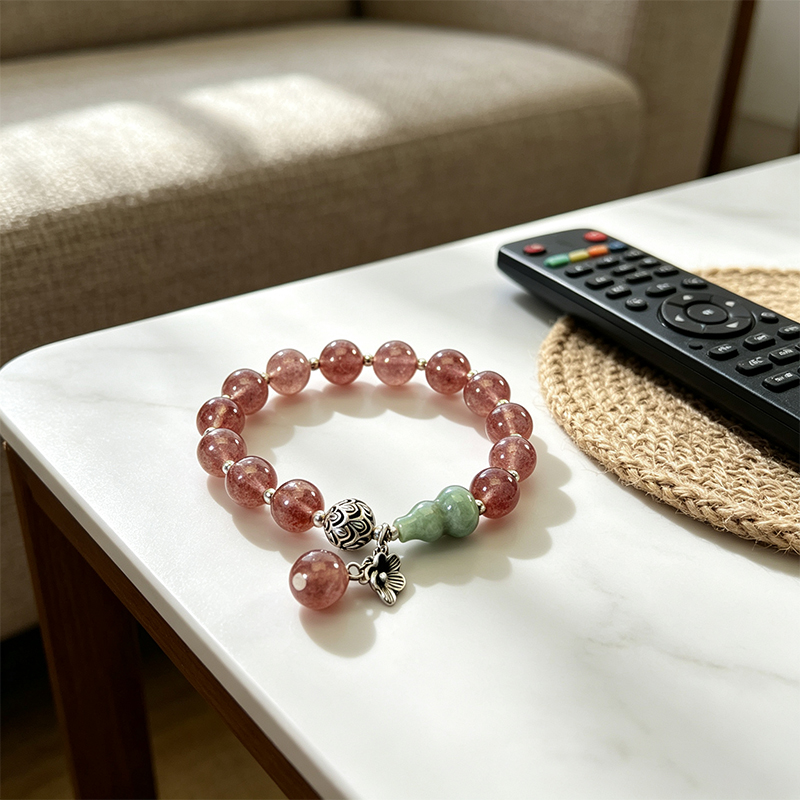 Natural Strawberry Quartz Beaded Stretch Bracelet for Women, Handcrafted Crystal Bracelet with Green Gourd‑Shaped Accent Bead , Jewelry Gift for Her