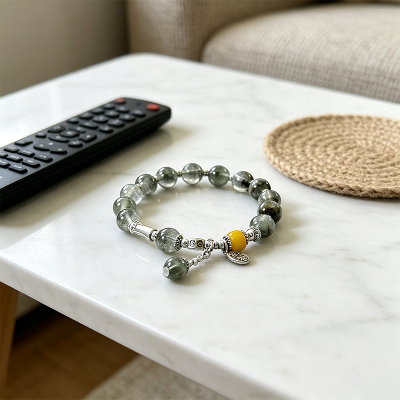 Natural Green Phantom Quartz Beaded Stretch Bracelet for Women, Handcrafted Crystal Bracelet with Yellow Accent Bead & Silver‑Plated Charms, Jewelry Gift for Her